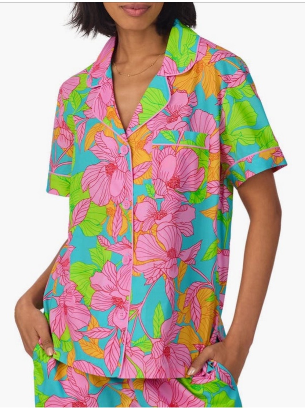 Bed Head PJs x Trina Turk Vibrant Floral Button-Up Top Teal & Pink size medium